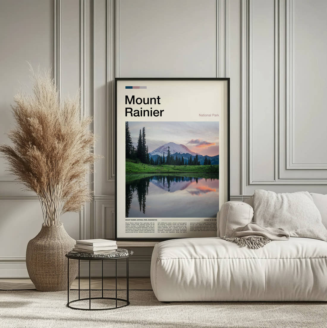 Mount Rainier Mountain And Alpine Meadow Travel Print framed on the wall of a calm, neutral bedroom