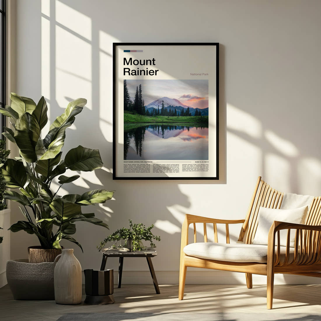 Mount Rainier Mountain And Alpine Meadow Travel Print framed on a pale wall beside houseplants