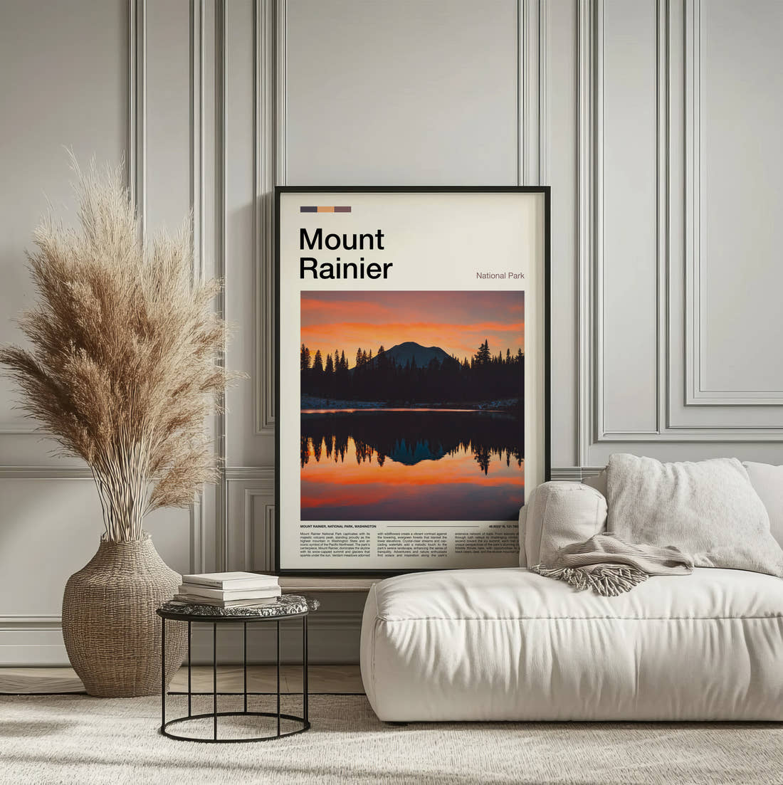 Mount Rainier Mountain At Sunset Travel Print framed on the wall of a calm, neutral bedroom
