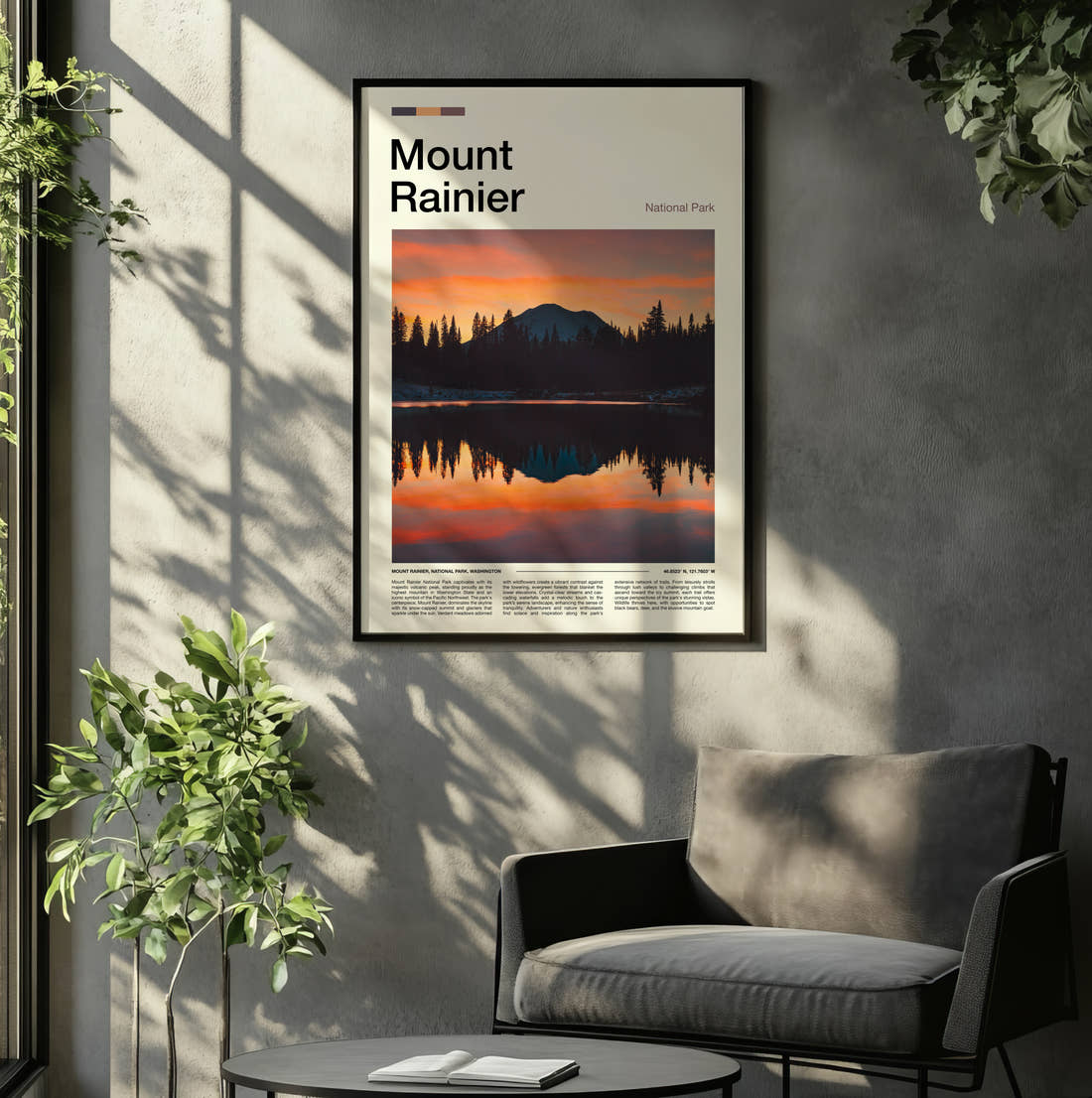 Mount Rainier Mountain At Sunset Travel Print framed on the wall of a relaxed living room