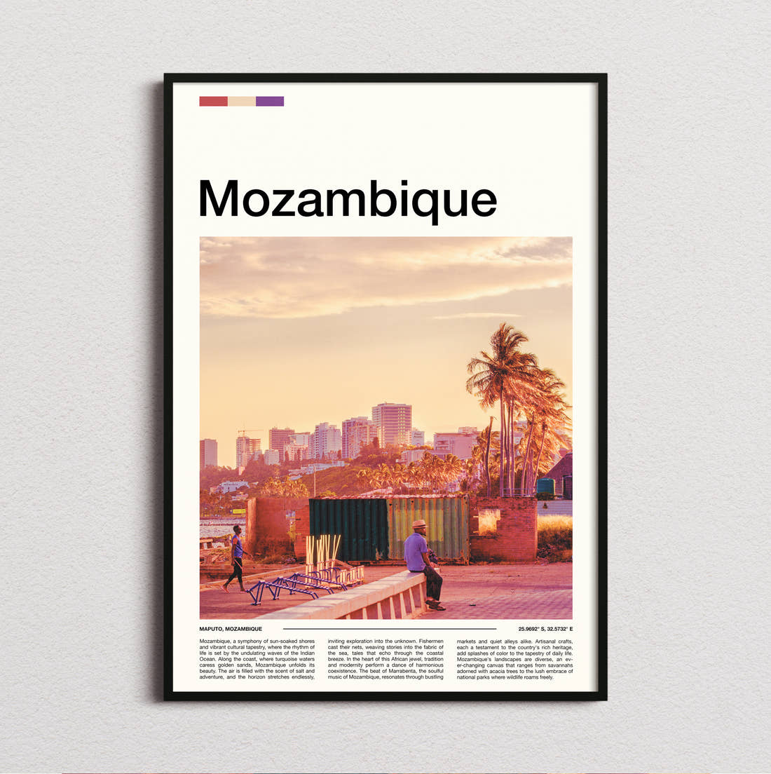 Mozambique City Skyline At Sunset Travel Print framed and photographed straight on