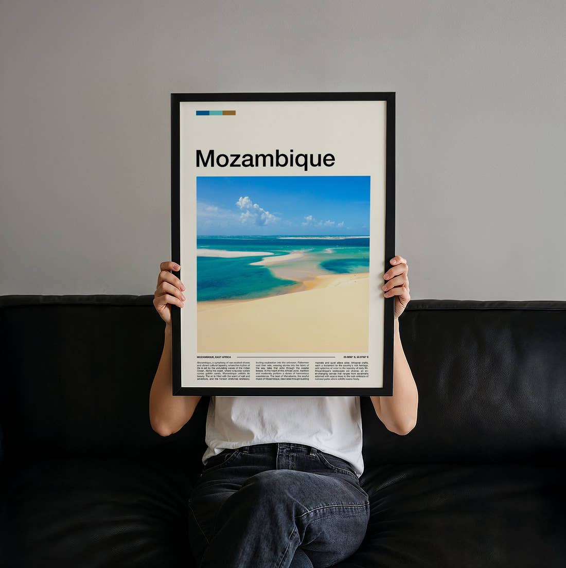 Mozambique Sandbar In Turquoise Water Travel Print held up by hand to show the size of the print