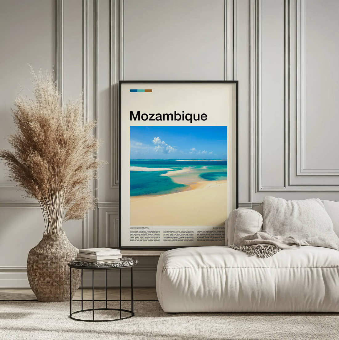 Mozambique Sandbar In Turquoise Water Travel Print framed on the wall of a calm, neutral bedroom
