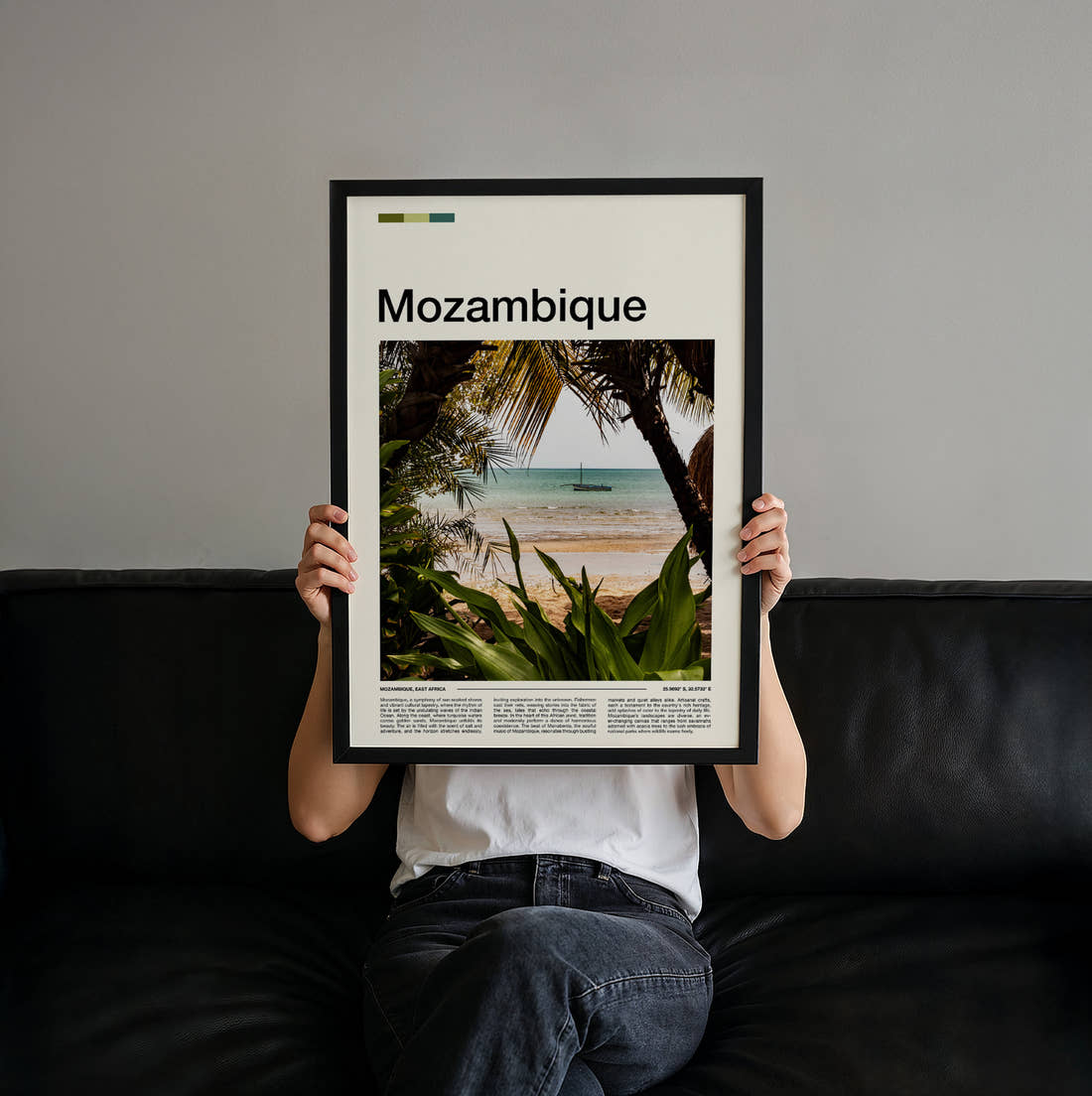 Mozambique Palm Trees On The Beach Travel Print held up by hand to show the size of the print