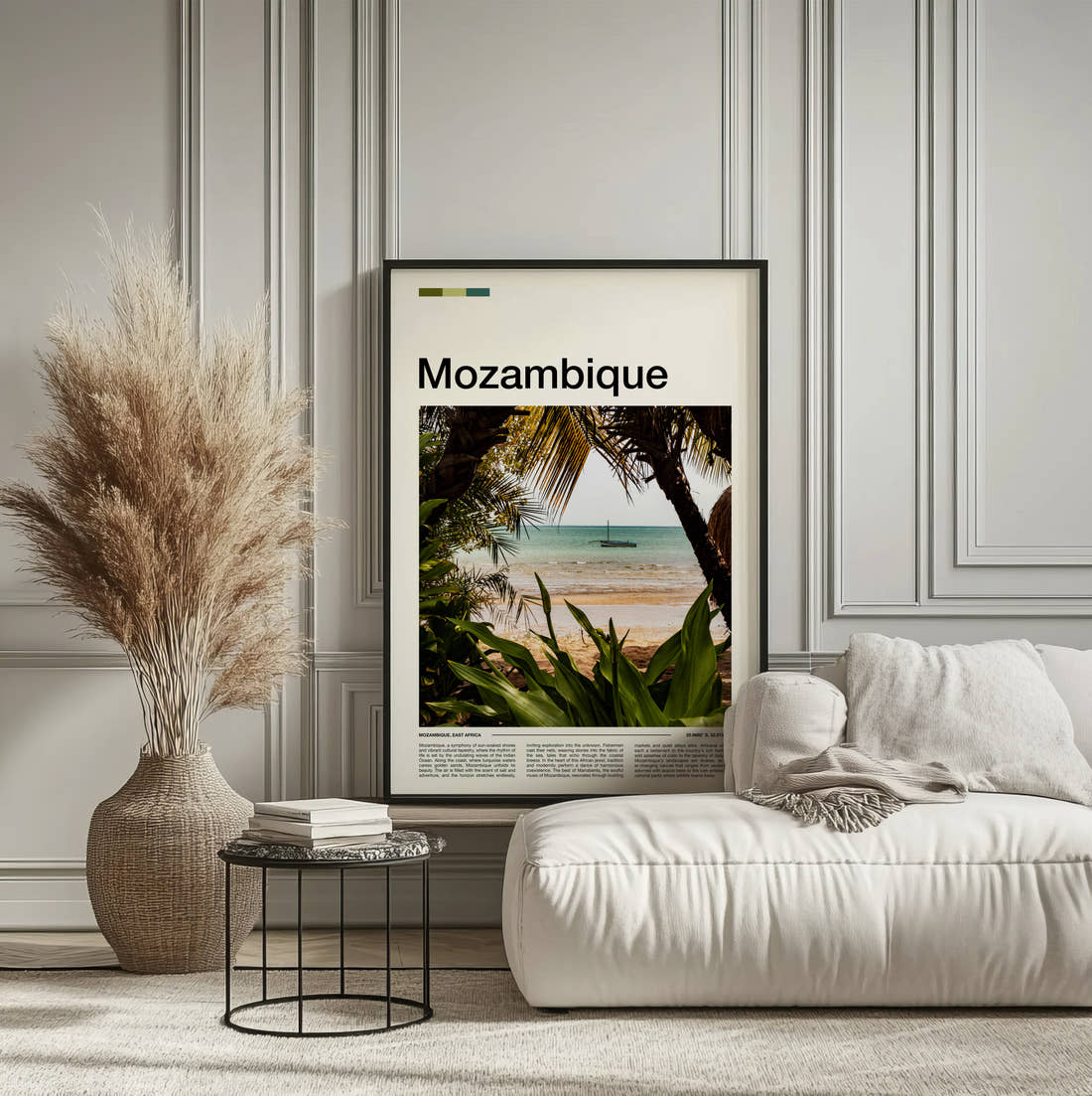 Mozambique Palm Trees On The Beach Travel Print framed on the wall of a calm, neutral bedroom