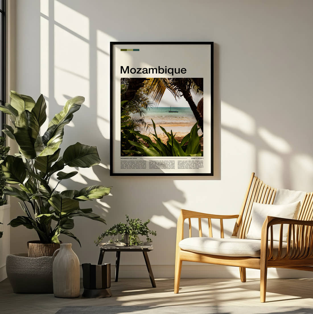 Mozambique Palm Trees On The Beach Travel Print framed on a pale wall beside houseplants