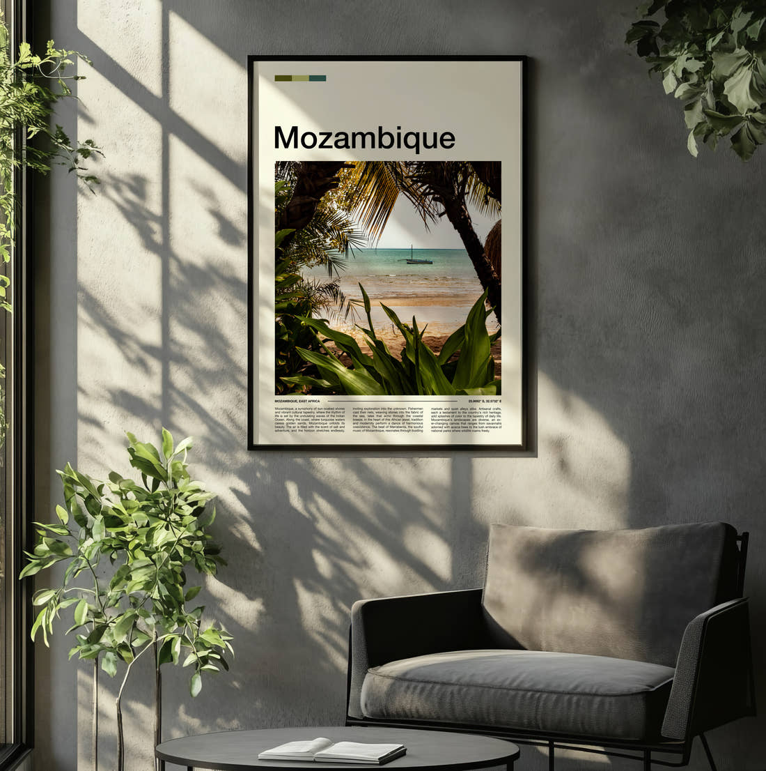 Mozambique Palm Trees On The Beach Travel Print framed on the wall of a relaxed living room