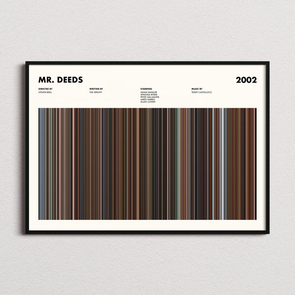 Mr. Deeds Movie Barcode Poster framed and photographed straight on