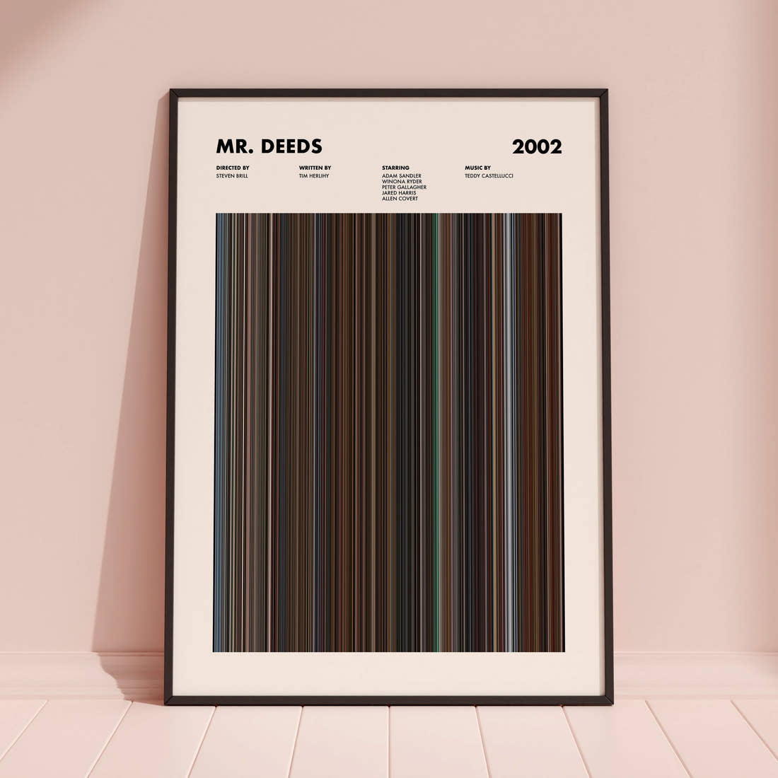 Mr. Deeds Movie Barcode Poster framed and leaning against a coloured wall