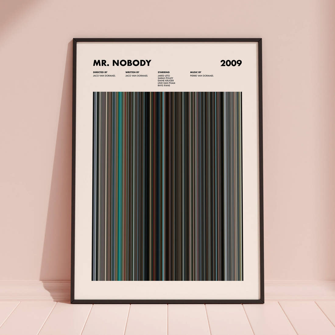 Mr. Nobody Movie Barcode Poster framed and leaning against a coloured wall