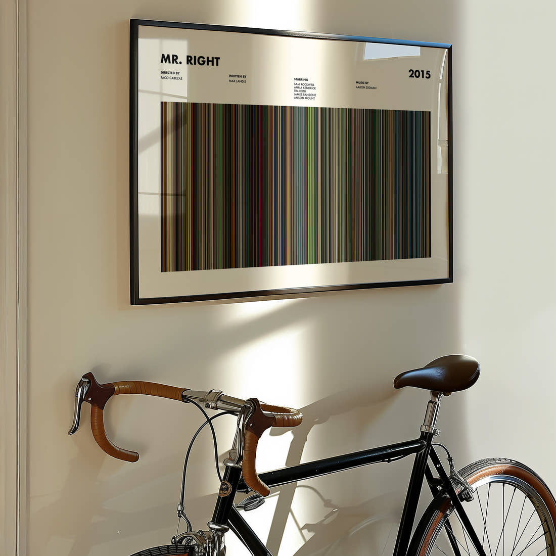 Mr. Right Movie Barcode Poster framed on the wall of a styled room setting