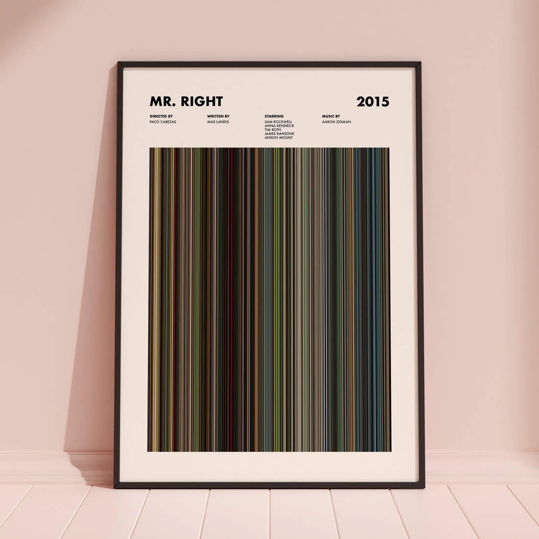 Mr. Right Movie Barcode Poster framed and leaning against a coloured wall