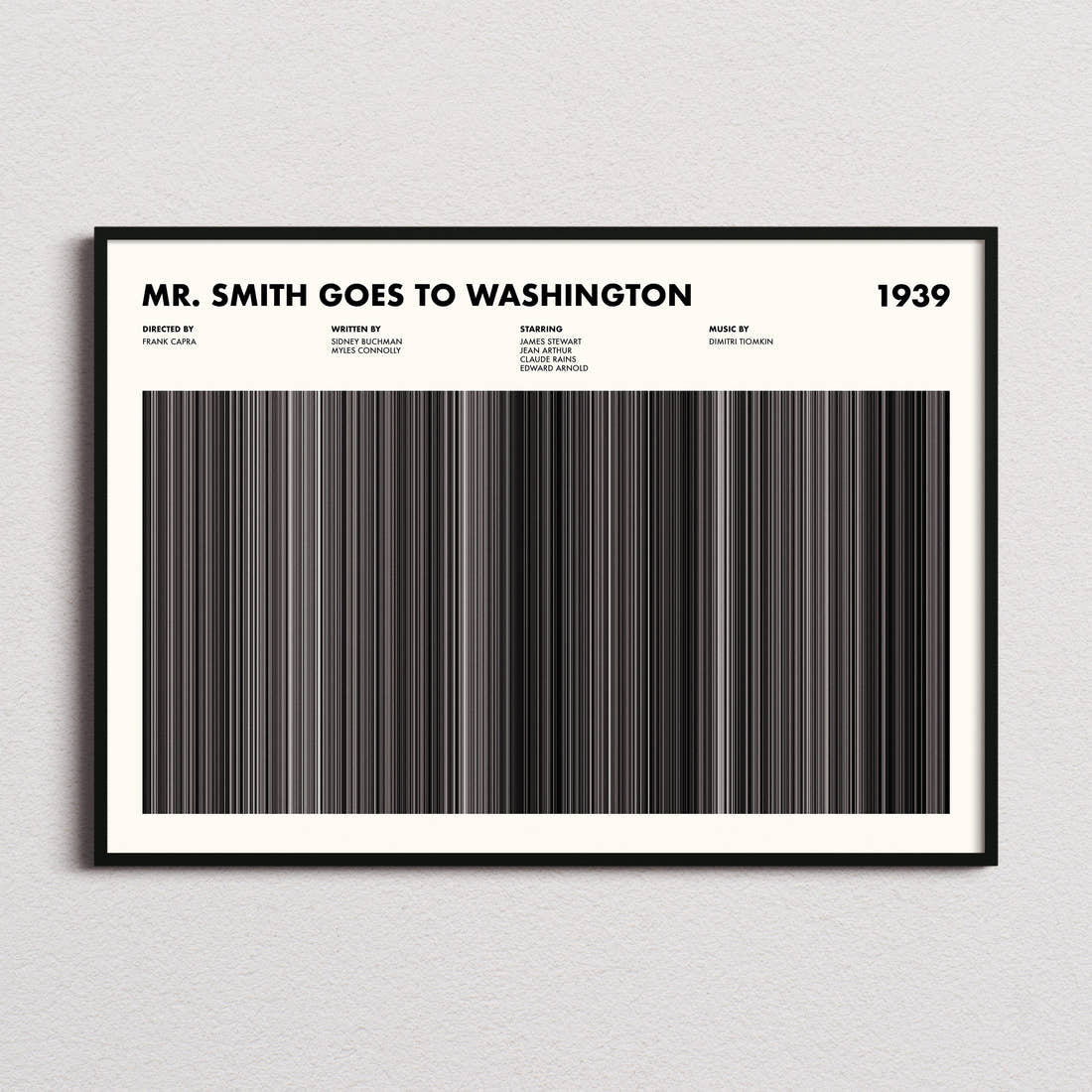 Mr Smith Goes To Washington Movie Barcode Poster framed and photographed straight on