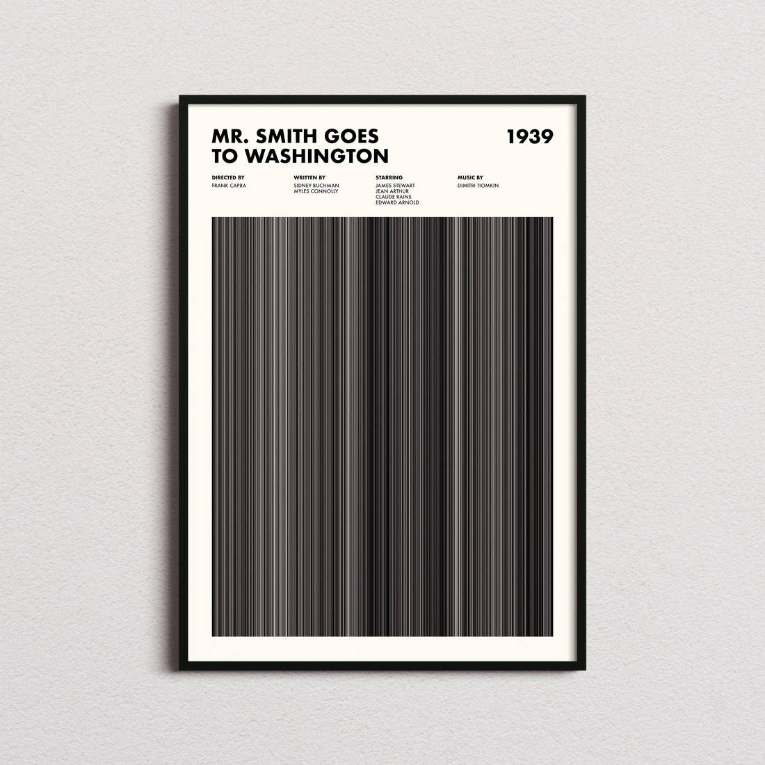 Mr Smith Goes To Washington Movie Barcode Poster framed on a plain studio wall