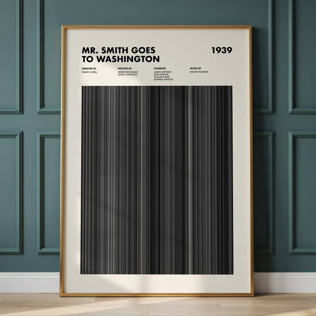 Mr Smith Goes To Washington Movie Barcode Poster framed and leaning against a panelled wall