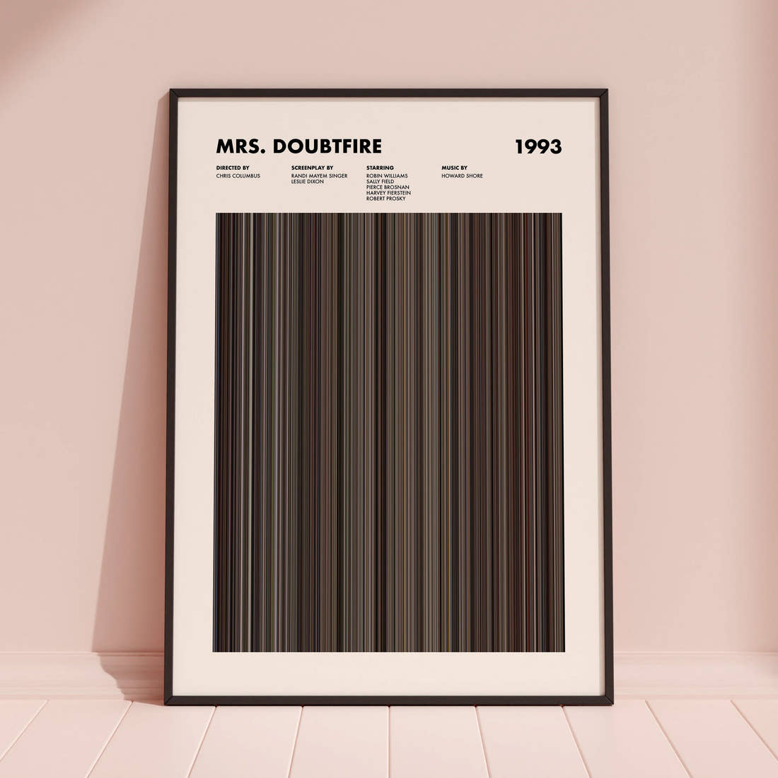 Mrs. Doubtfire Movie Barcode Poster framed and leaning against a coloured wall
