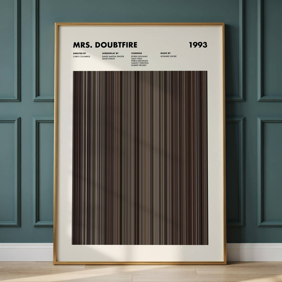 Mrs. Doubtfire Movie Barcode Poster framed and leaning against a panelled wall