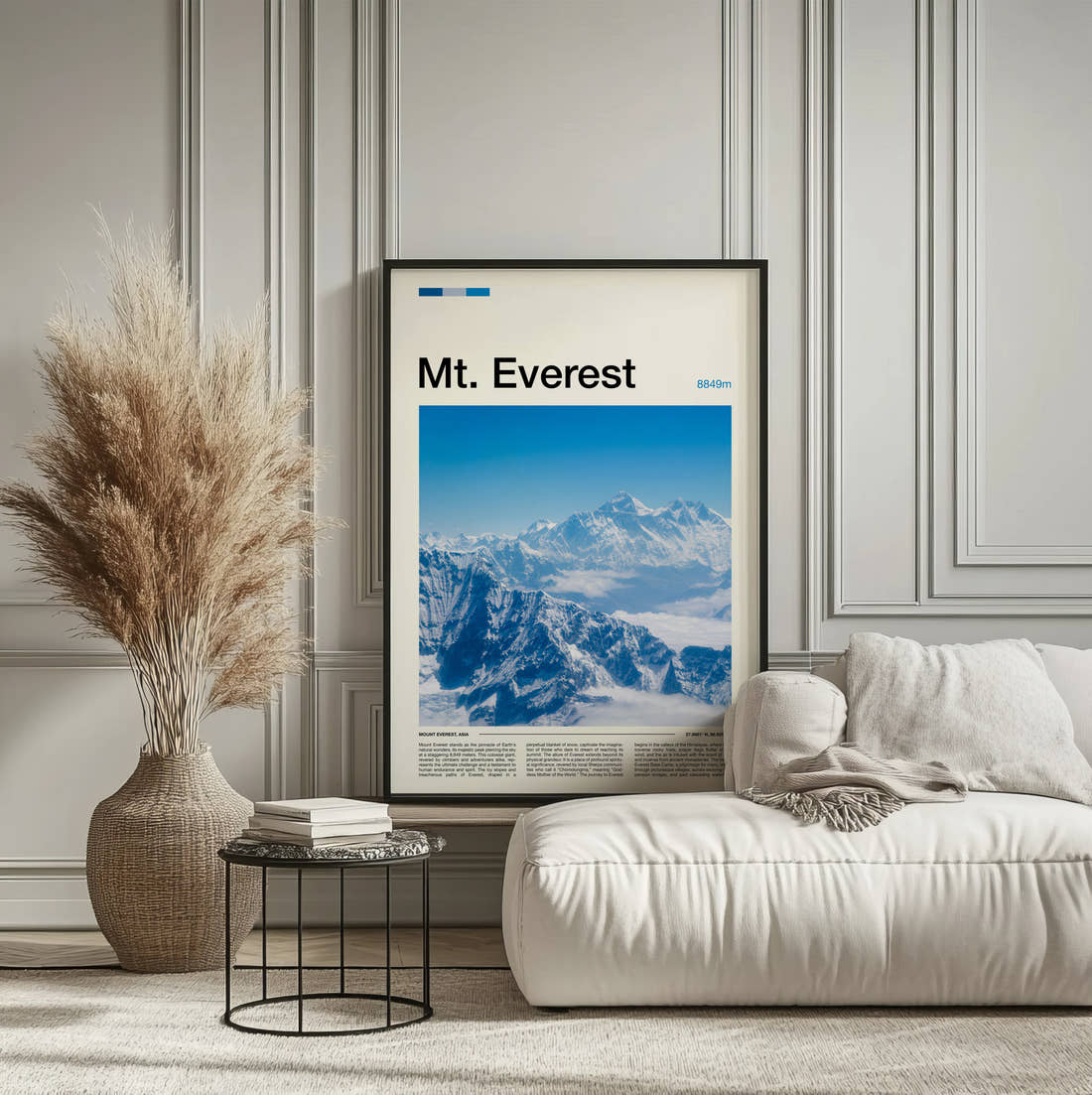 Mount Everest Snowy Mountain Range Travel Print framed on the wall of a calm, neutral bedroom