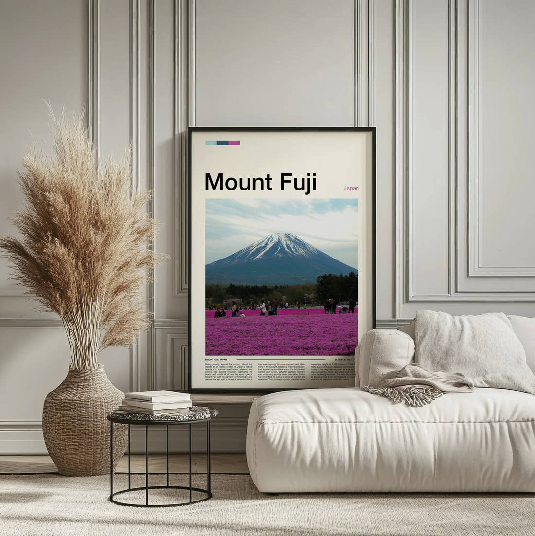 Mount Fuji Pink Flower Fields Travel Print framed on the wall of a calm, neutral bedroom