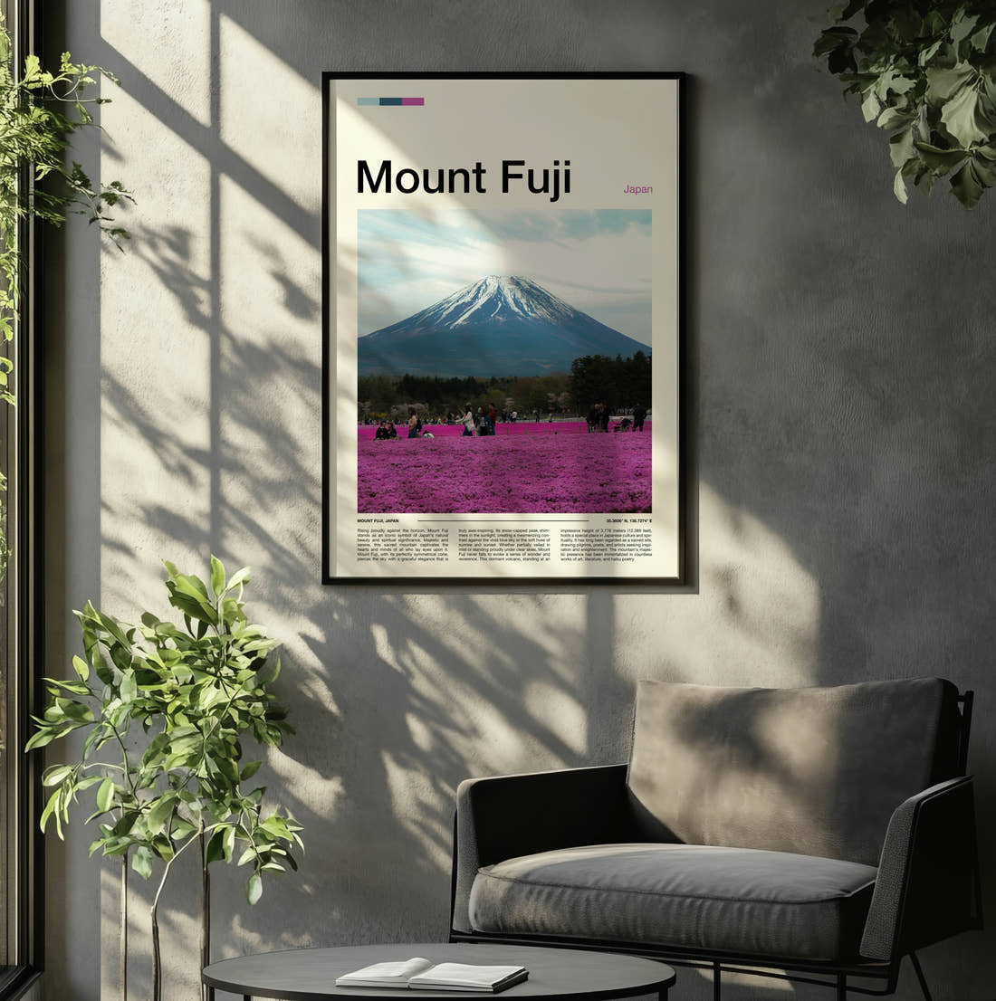 Mount Fuji Pink Flower Fields Travel Print framed on the wall of a relaxed living room