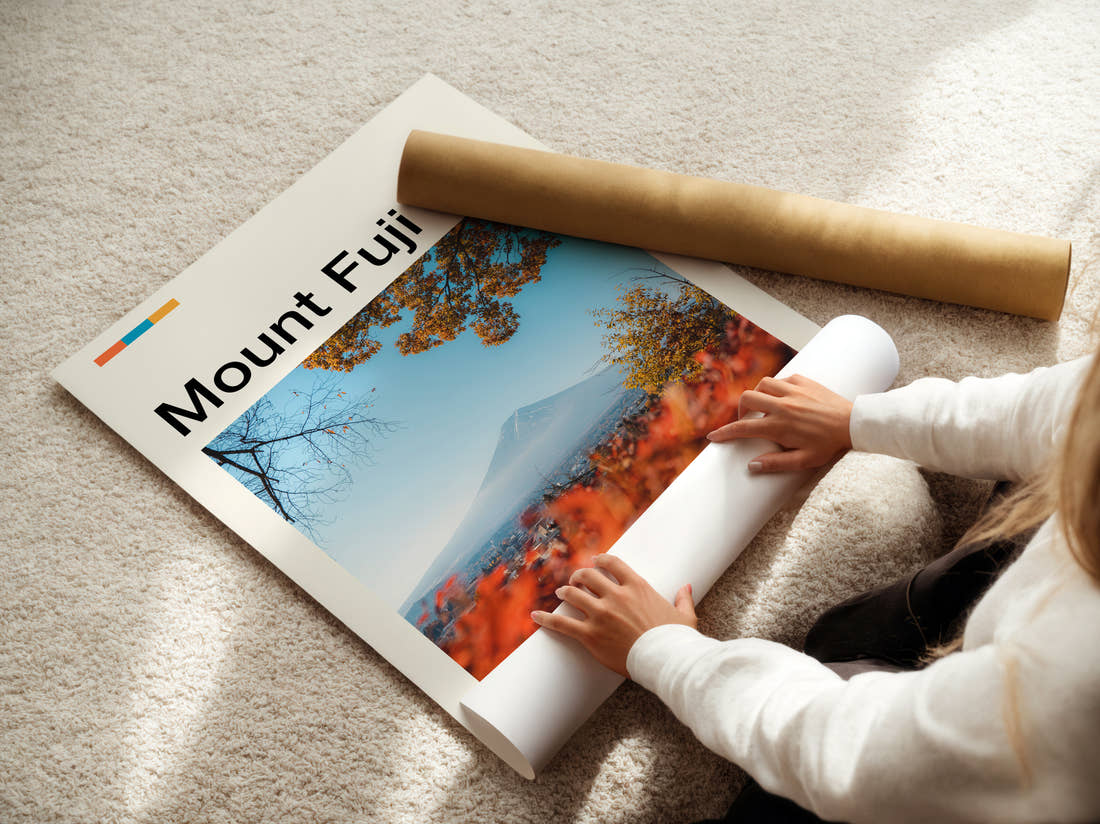 Mount Fuji Autumn Leaves Travel Print being unrolled from its postal tube