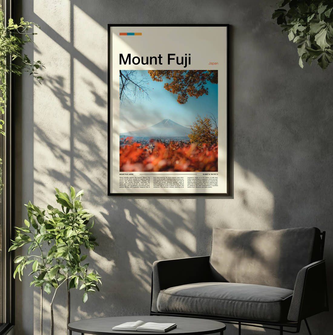 Mount Fuji Autumn Leaves Travel Print framed on the wall of a relaxed living room