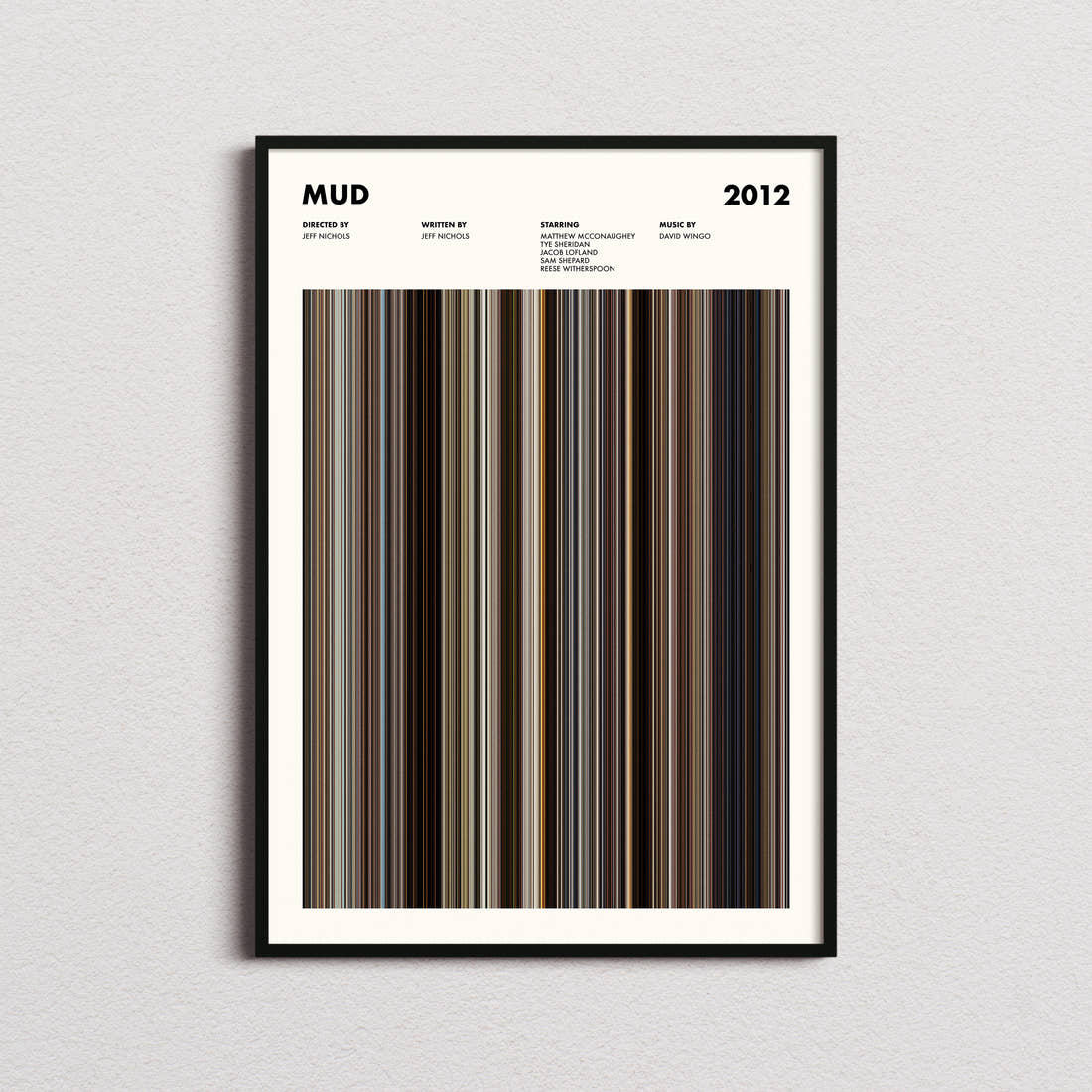 Mud Movie Barcode Poster framed on a plain studio wall