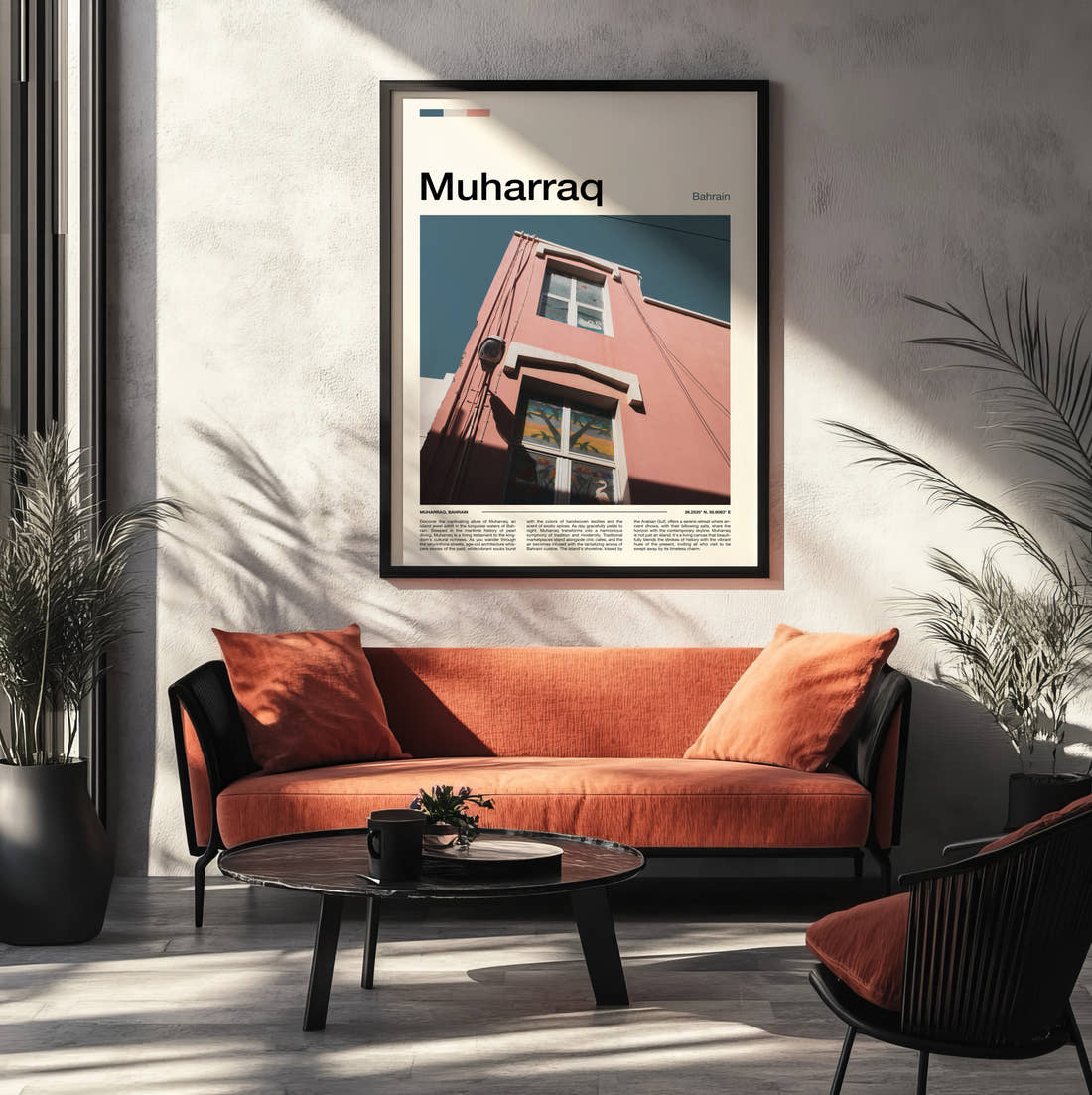 Muharraq Pink Building Corner Travel Print framed on the wall of a modern living room