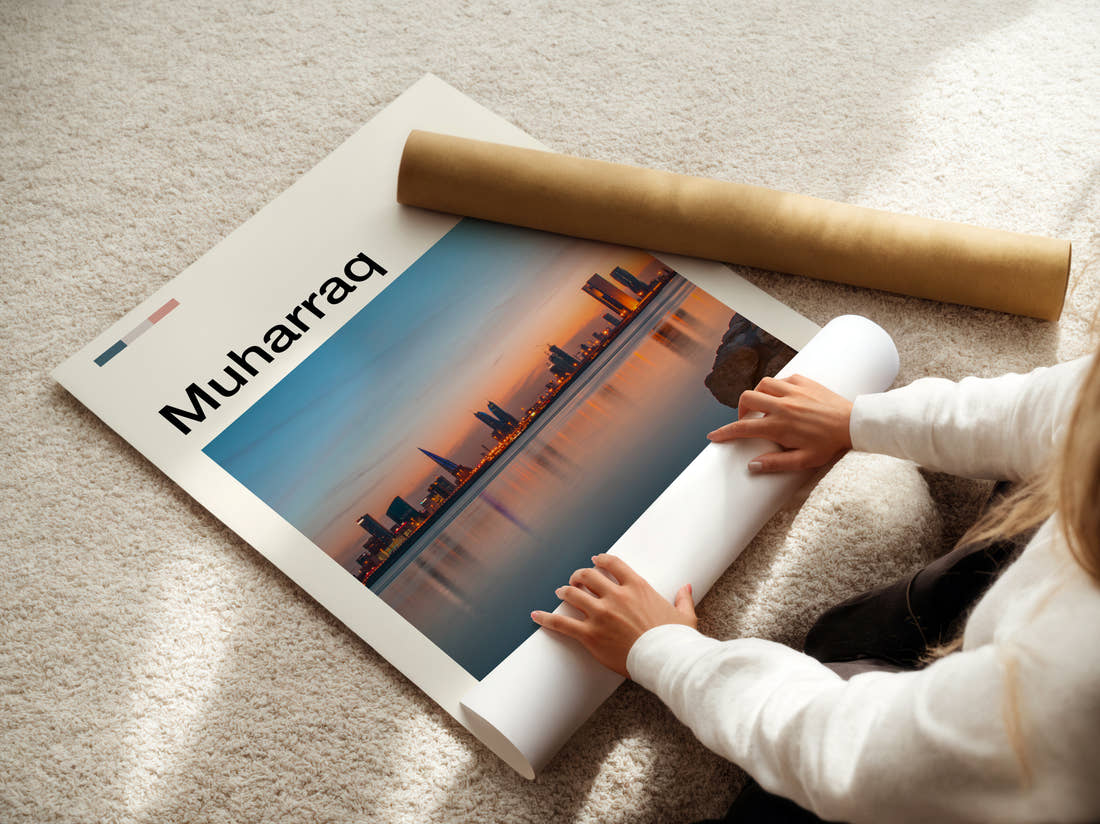 Muharraq Skyline Across The Water Travel Print being unrolled from its postal tube