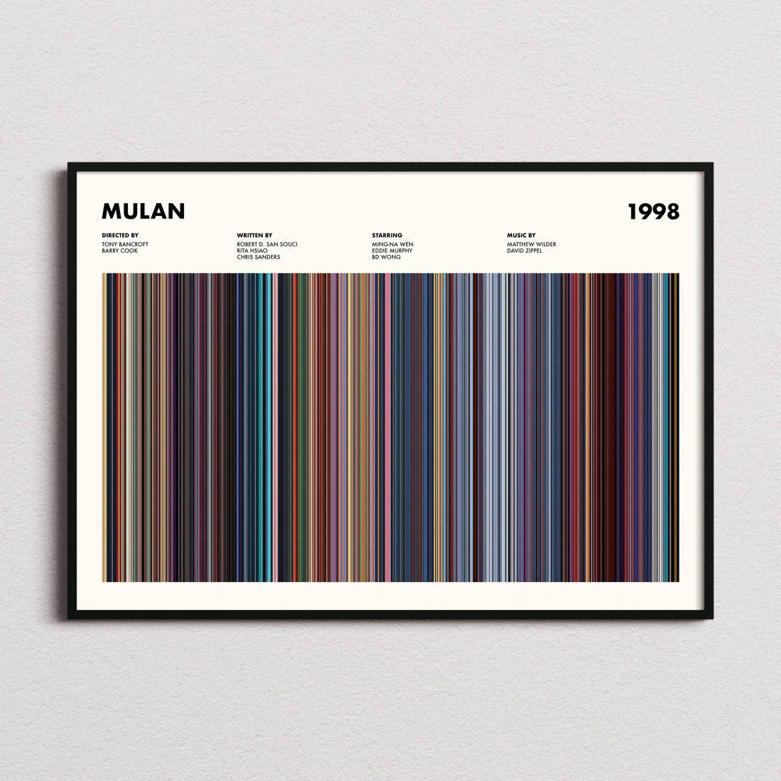 Mulan Movie Barcode Poster framed and photographed straight on