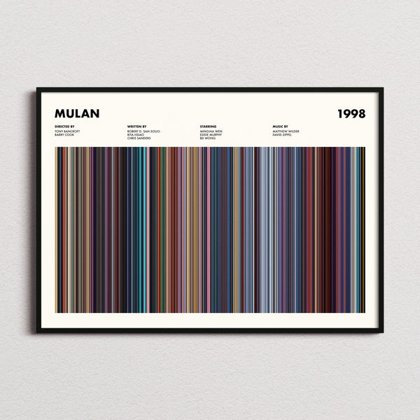 Mulan Movie Barcode Poster framed and photographed straight on