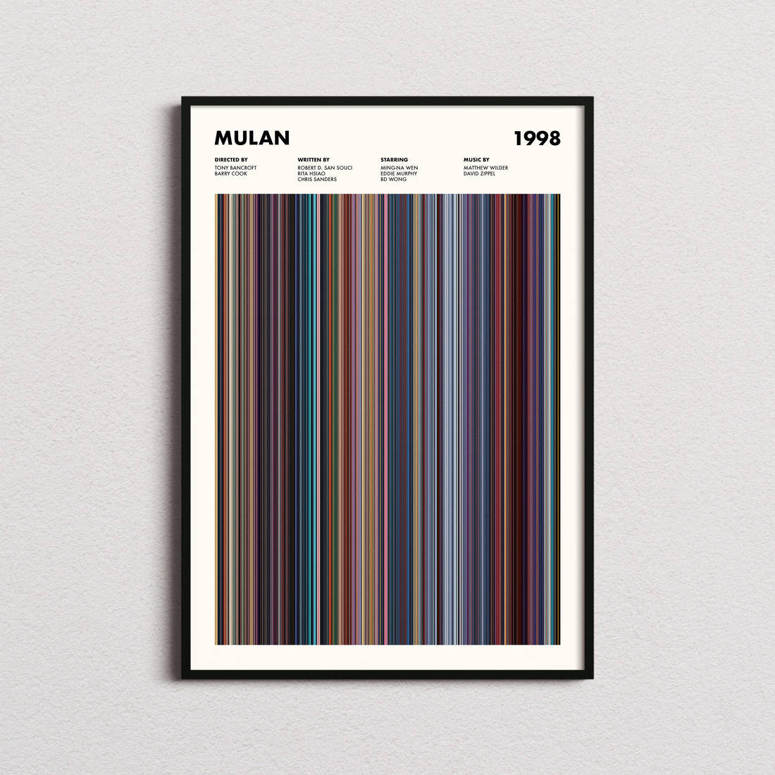 Mulan Movie Barcode Poster framed on a plain studio wall