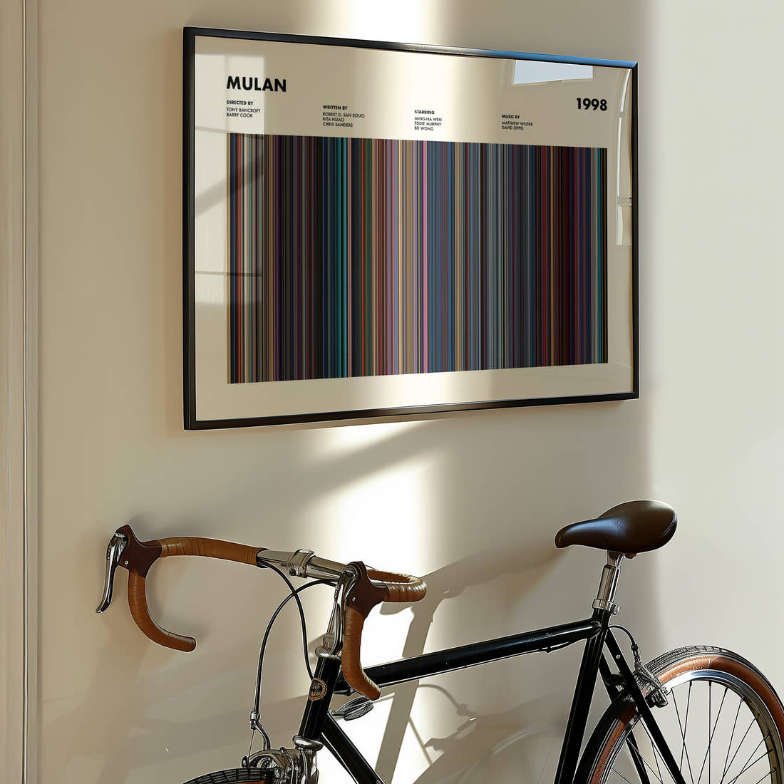 Mulan Movie Barcode Poster framed on the wall of a styled room setting