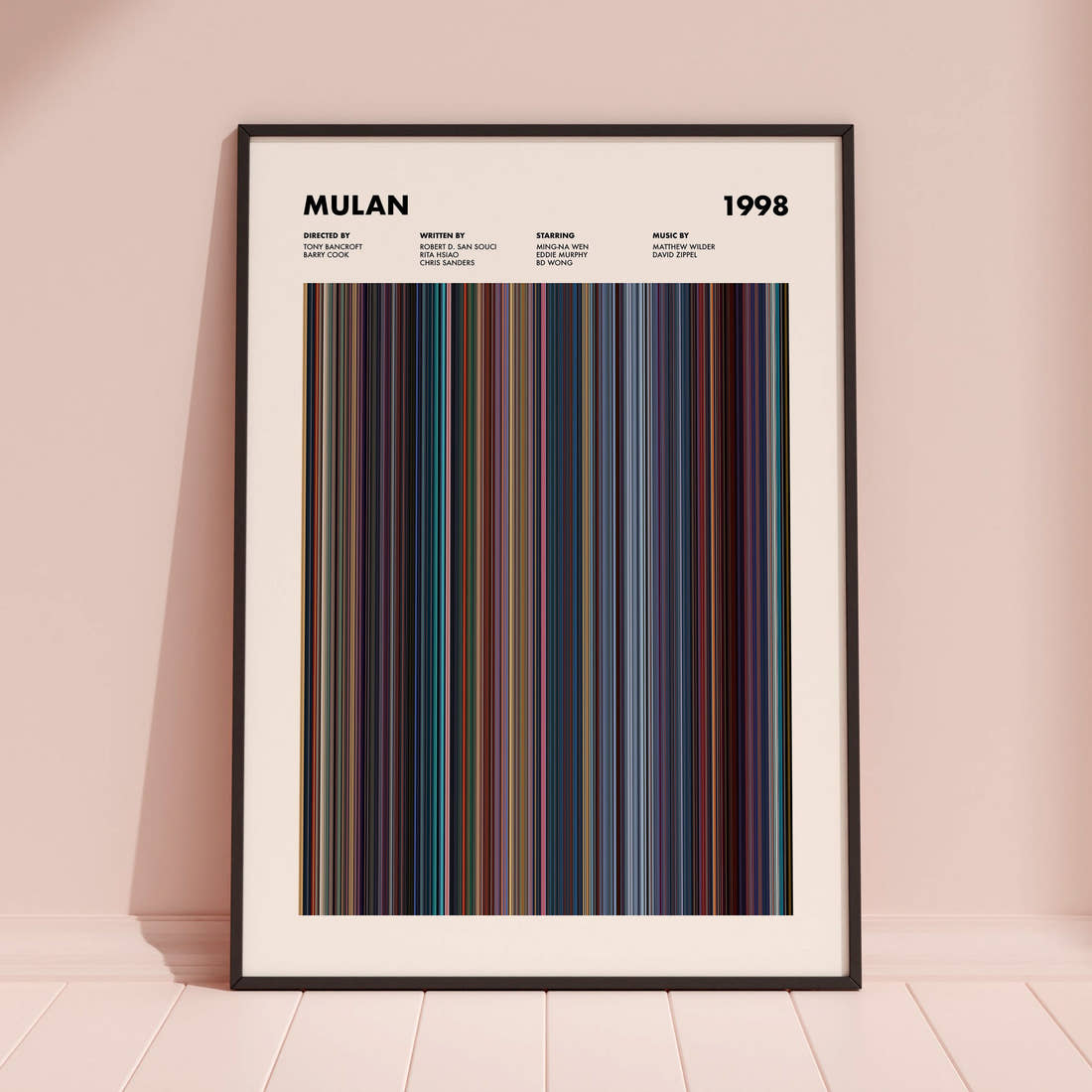 Mulan Movie Barcode Poster framed and leaning against a coloured wall