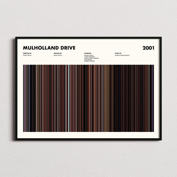 Mulholland Drive Movie Barcode Poster framed and photographed straight on
