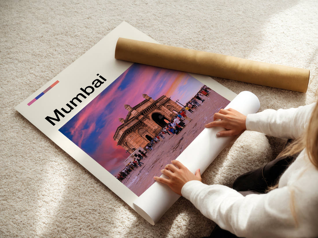Mumbai Gateway Of India Travel Print being unrolled from its postal tube