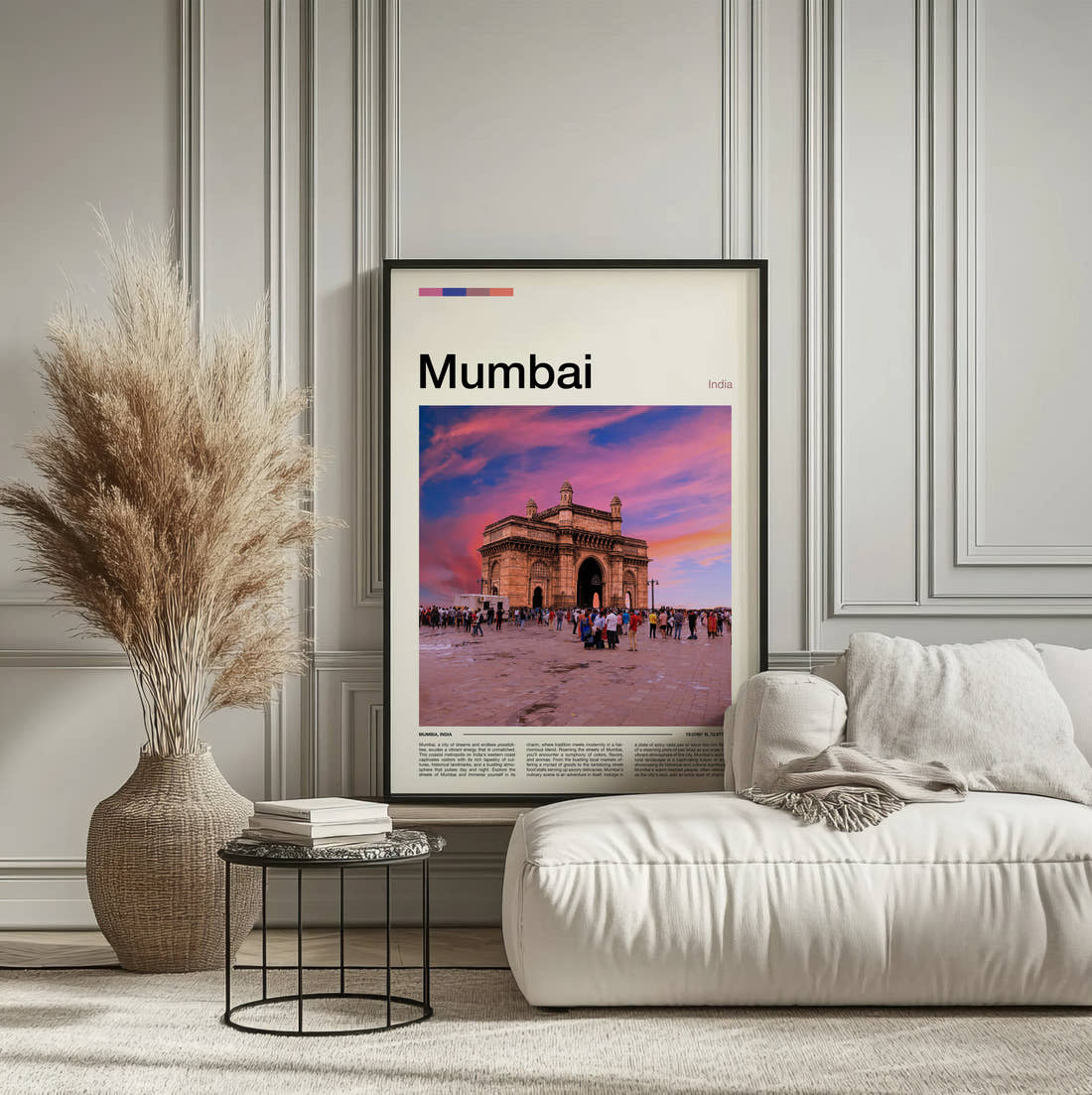 Mumbai Gateway Of India Travel Print framed on the wall of a calm, neutral bedroom