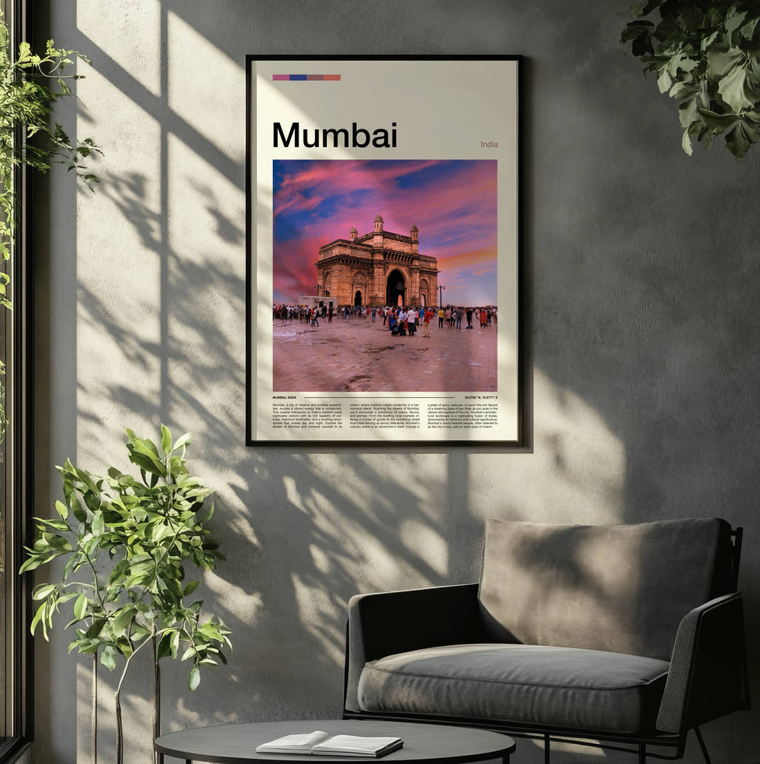 Mumbai Gateway Of India Travel Print framed on the wall of a relaxed living room