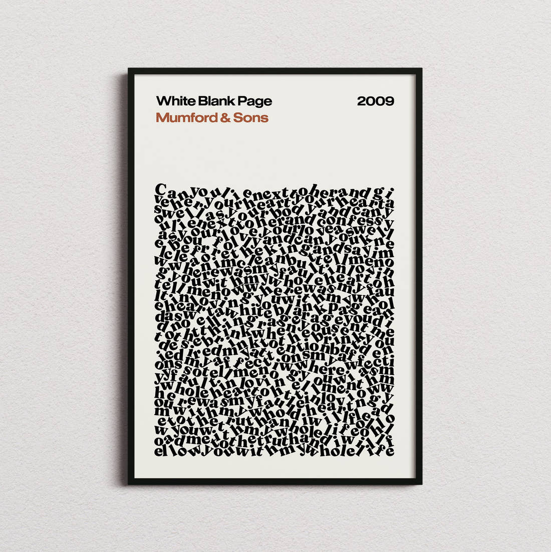 Mumford & Sons White Blank Page Lyric Print in the cream colourway, framed