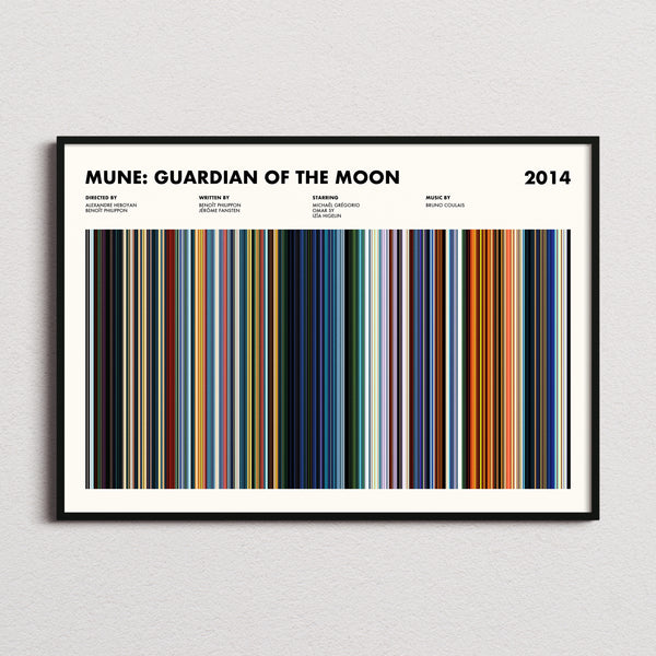 Mune Guardian of the Moon Movie Barcode Poster framed and photographed straight on