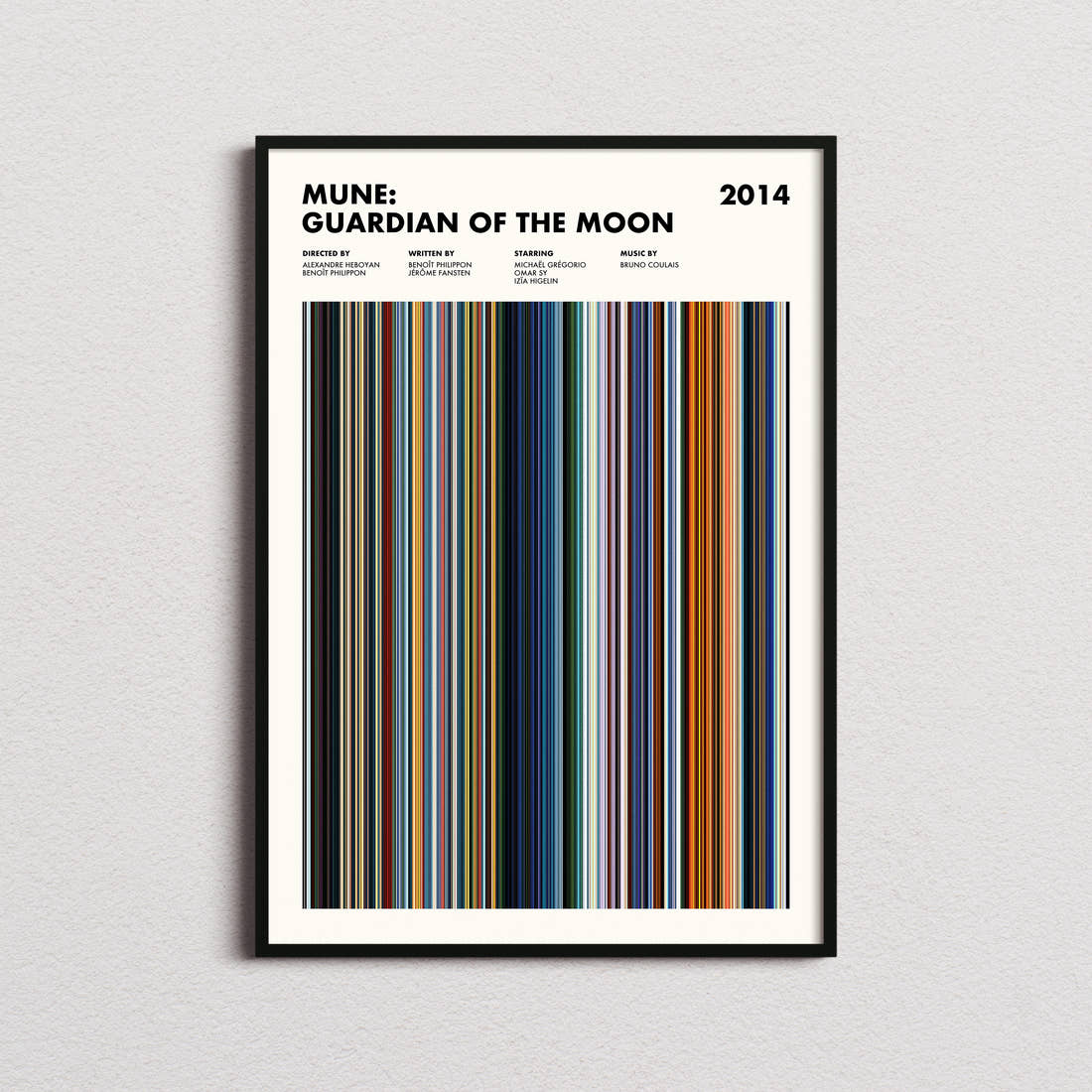 Mune Guardian of the Moon Movie Barcode Poster framed on a plain studio wall
