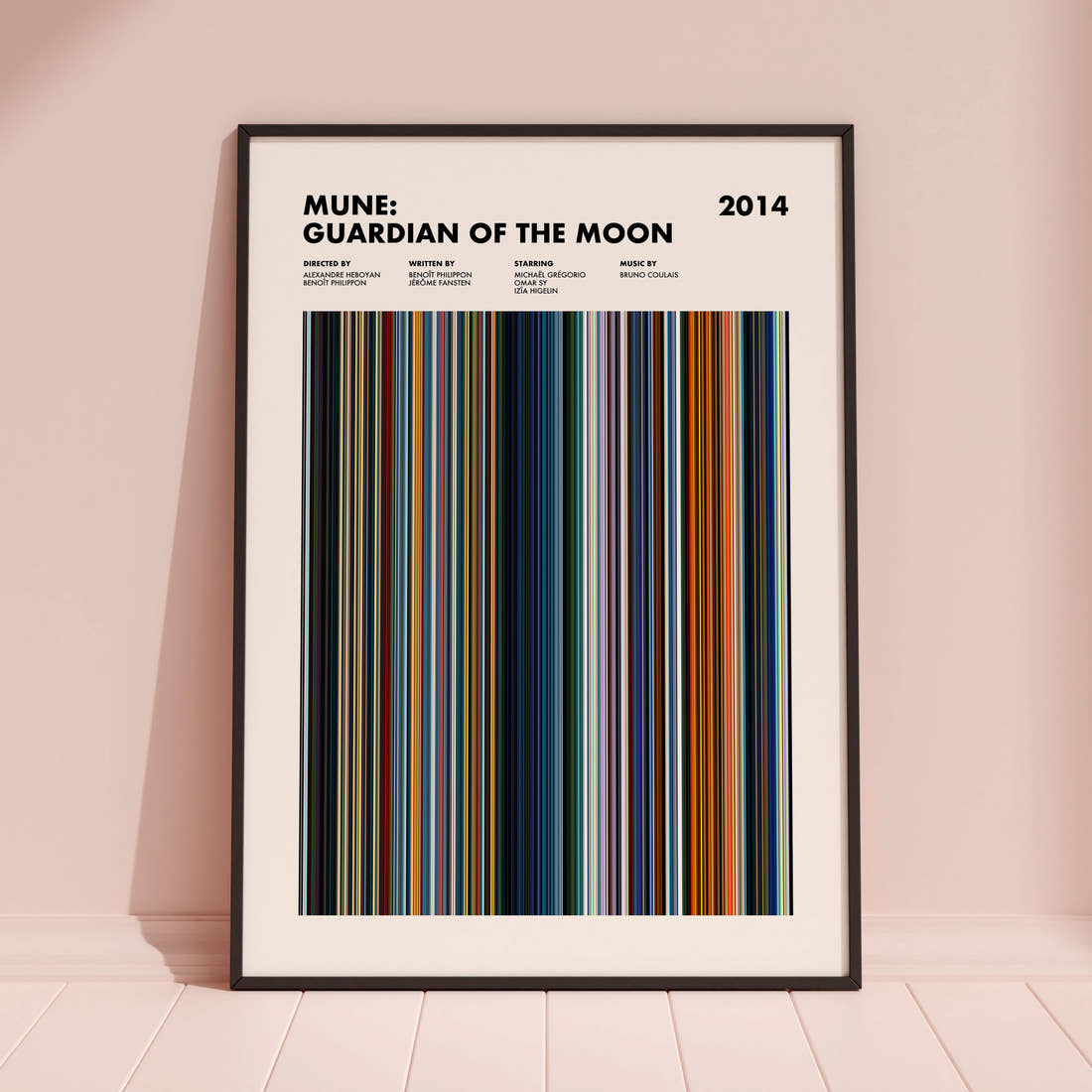 Mune Guardian of the Moon Movie Barcode Poster framed and leaning against a coloured wall