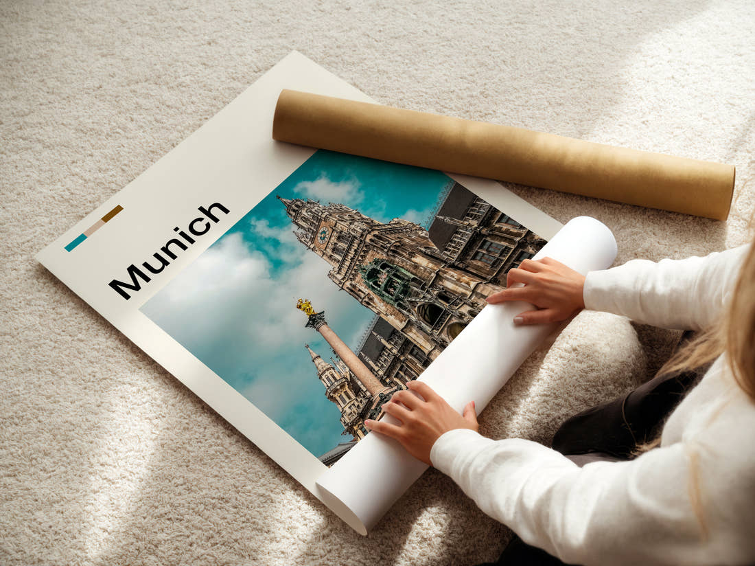 Munich New Town Hall Travel Print being unrolled from its postal tube