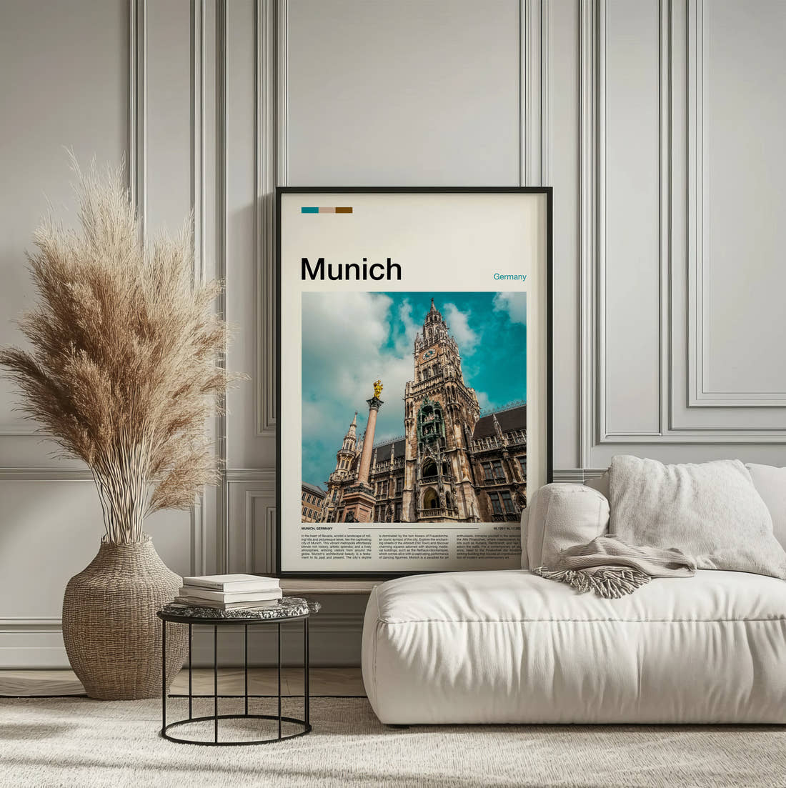 Munich New Town Hall Travel Print framed on the wall of a calm, neutral bedroom