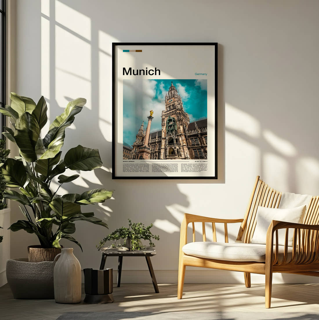 Munich New Town Hall Travel Print framed on a pale wall beside houseplants