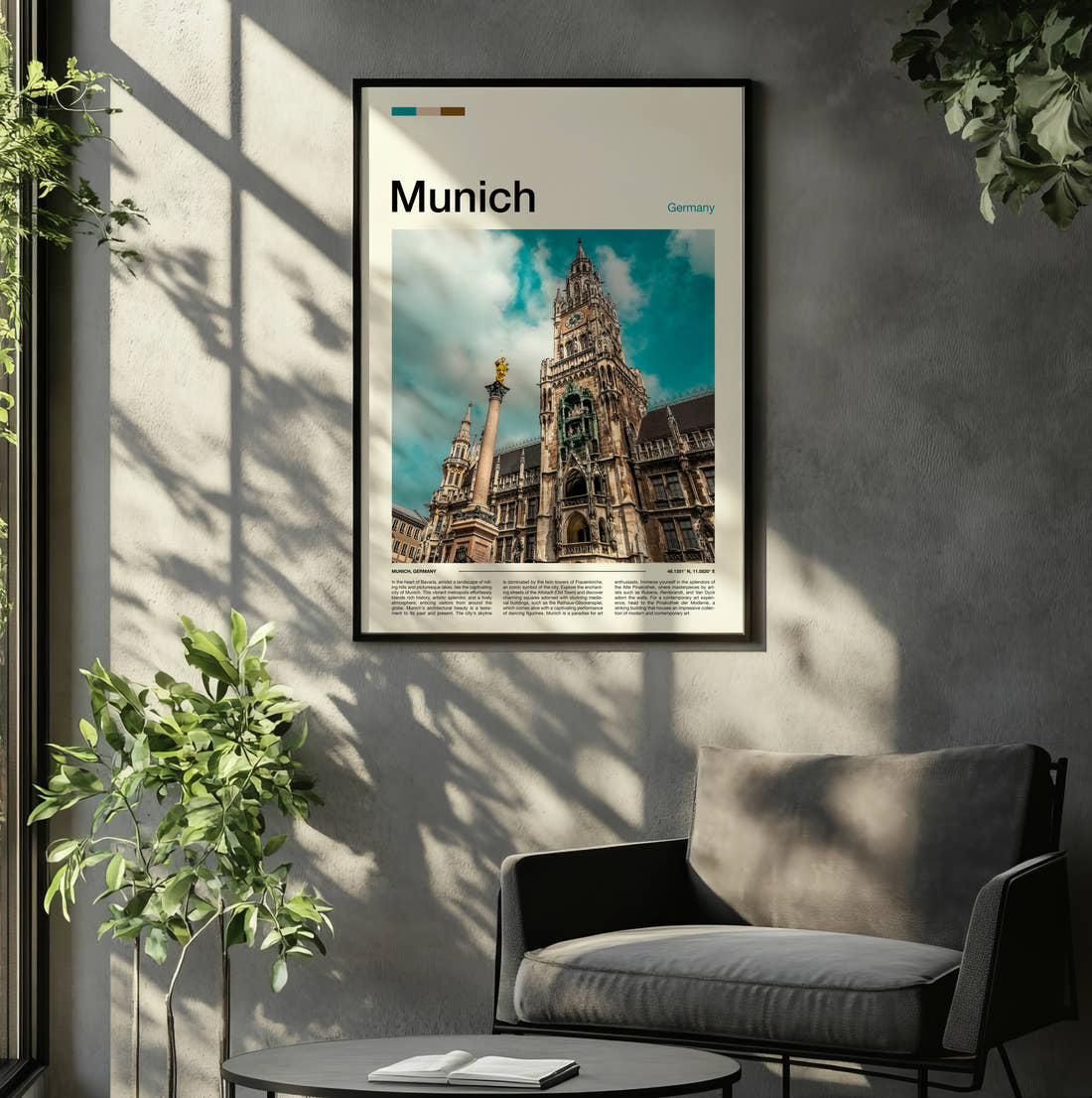 Munich New Town Hall Travel Print framed on the wall of a relaxed living room