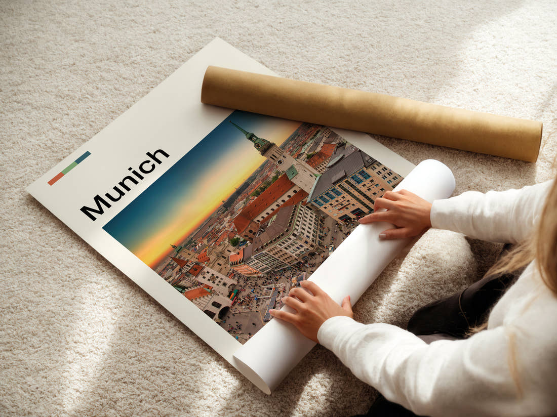 Munich Rooftops At Sunset Travel Print being unrolled from its postal tube