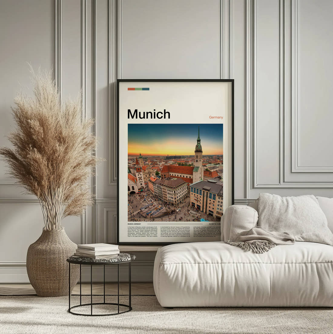 Munich Rooftops At Sunset Travel Print framed on the wall of a calm, neutral bedroom