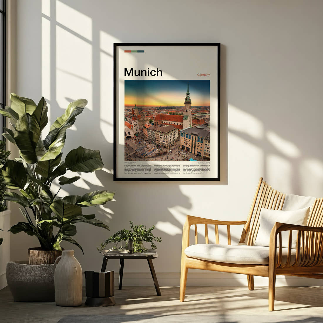 Munich Rooftops At Sunset Travel Print framed on a pale wall beside houseplants