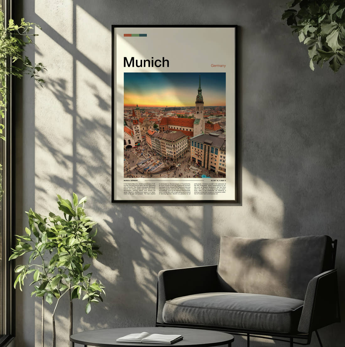Munich Rooftops At Sunset Travel Print framed on the wall of a relaxed living room